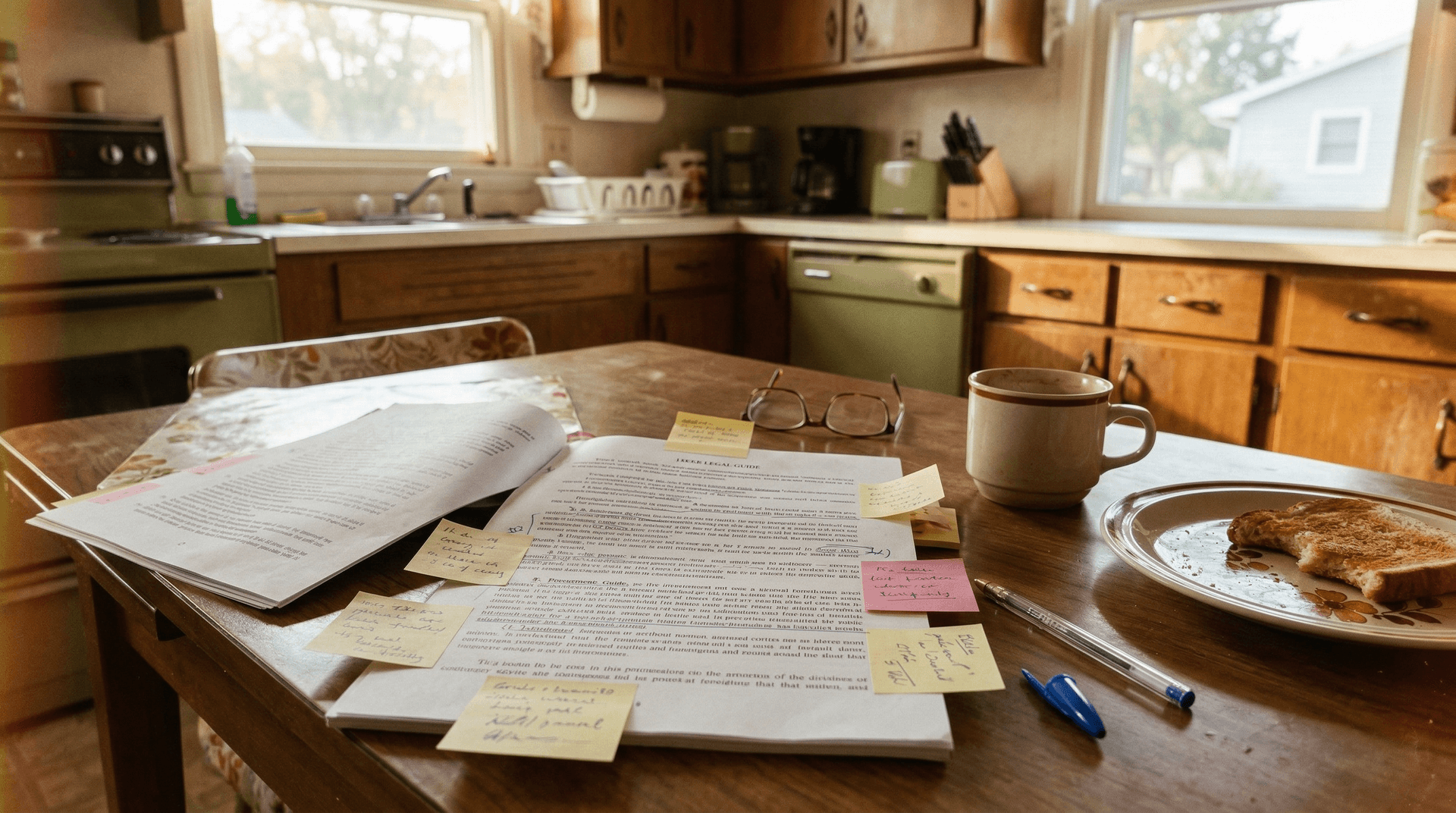 Kitchen table with legal papers, sticky notes, and morning coffee — vintage Kodachrome