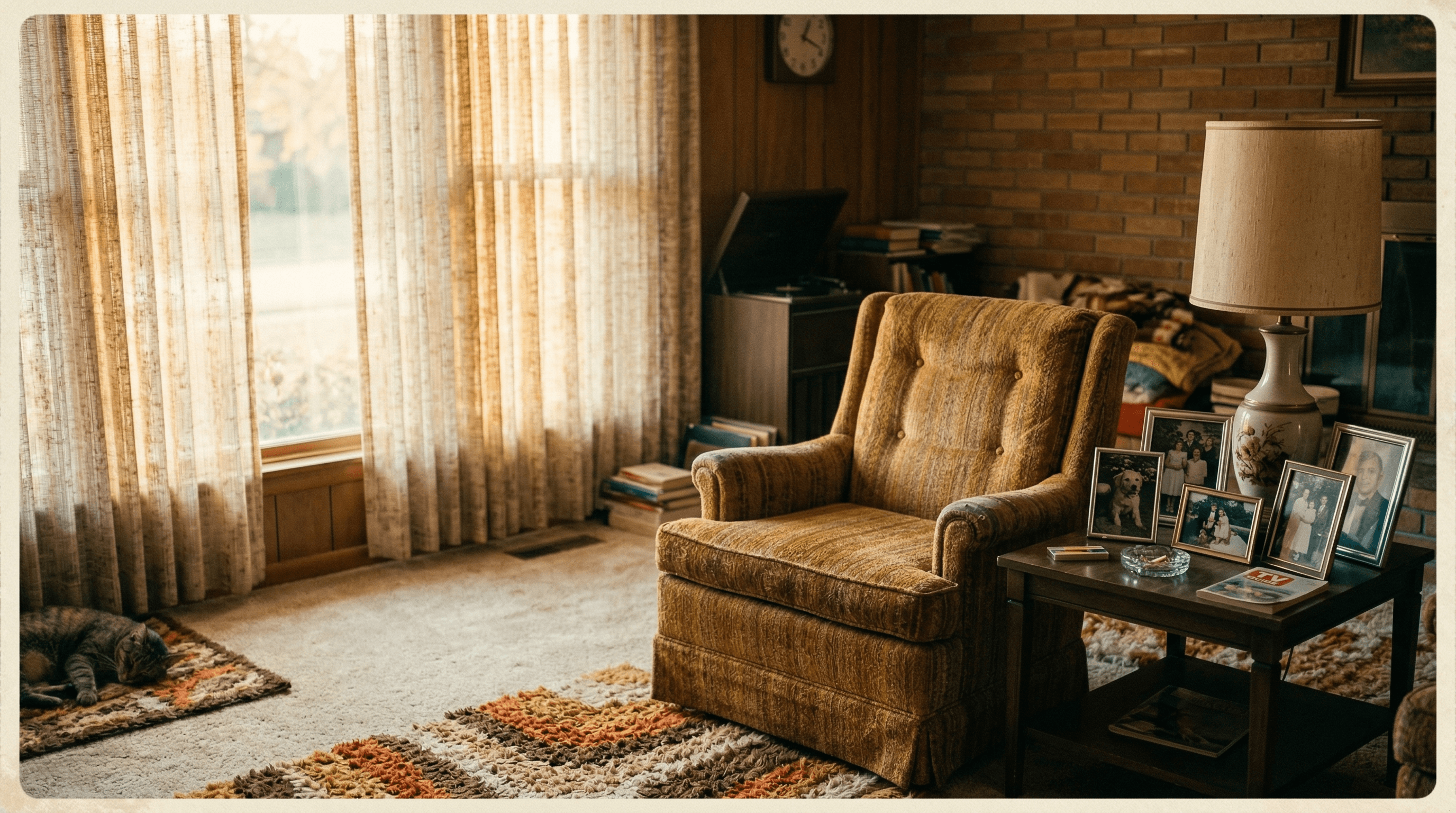 Mid-century living room with empty armchair and family photographs — vintage Kodachrome